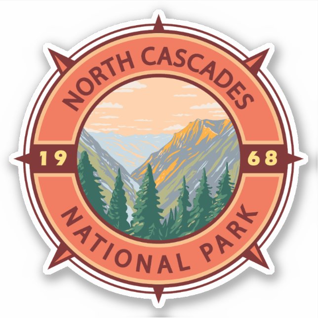 North Cascades National Park Retro Compass Emblem Sticker (Front)