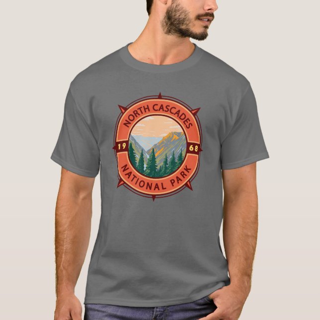 North Cascades National Park Retro Compass Emblem T-Shirt (Front)