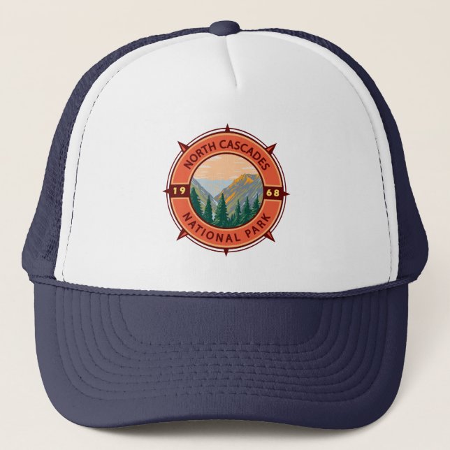 North Cascades National Park Retro Compass Emblem  Trucker Hat (Front)