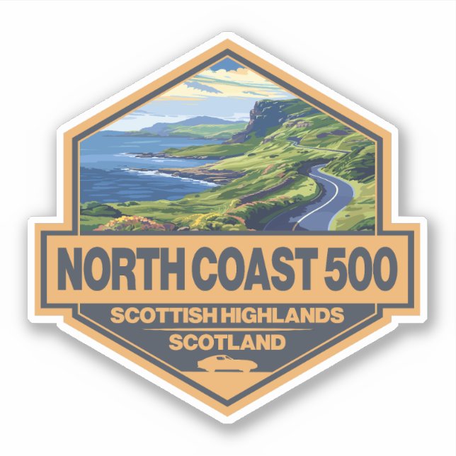 North Coast 500 Scotland Travel Art Badge Sticker (Front)