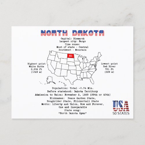 North Dakota American state on a map and details Holiday Postcard