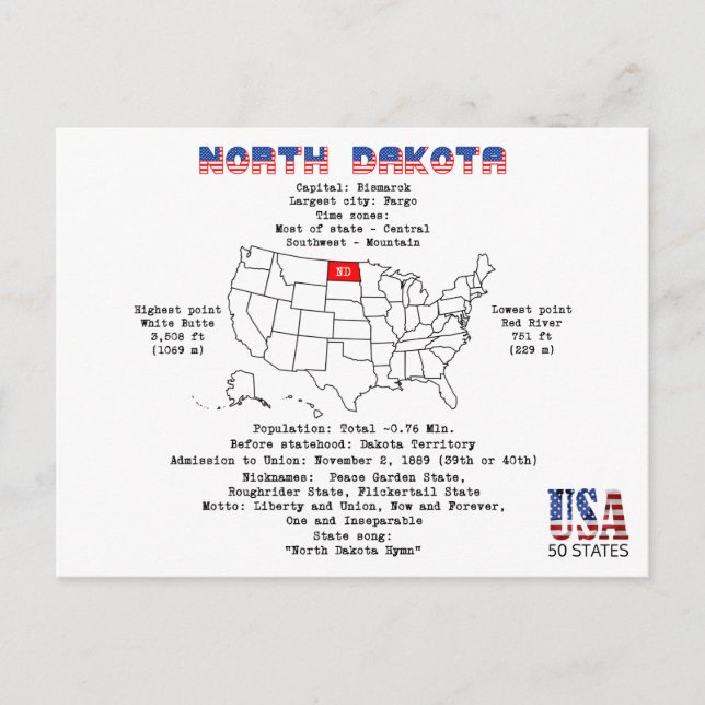 North Dakota American state on a map and details Holiday Postcard (Front)