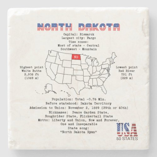 North Dakota American state on a map and details Stone Coaster