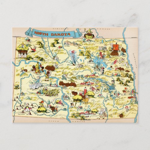 North Dakota Funny Vintage Map Postcard