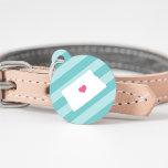 North Dakota Heart Pet ID Tag<br><div class="desc">Let your furry friend show some home state pride with this cute North Dakota pet ID tag. Design features a white silhouette map of the state of North Dakota with a pink heart inside, on a tone on tone turquoise stripe background. Add your pet's name and contact information to the...</div>
