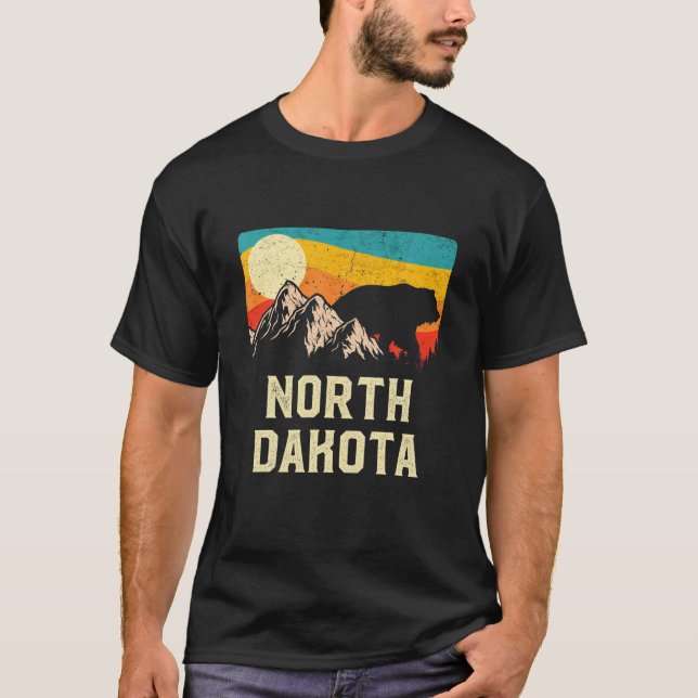 North Dakota Nature Wild Bear Retro Sunset Hiking T-Shirt (Front)