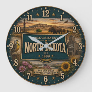 North Dakota Peace Garden State Prairie Rustic Large Clock