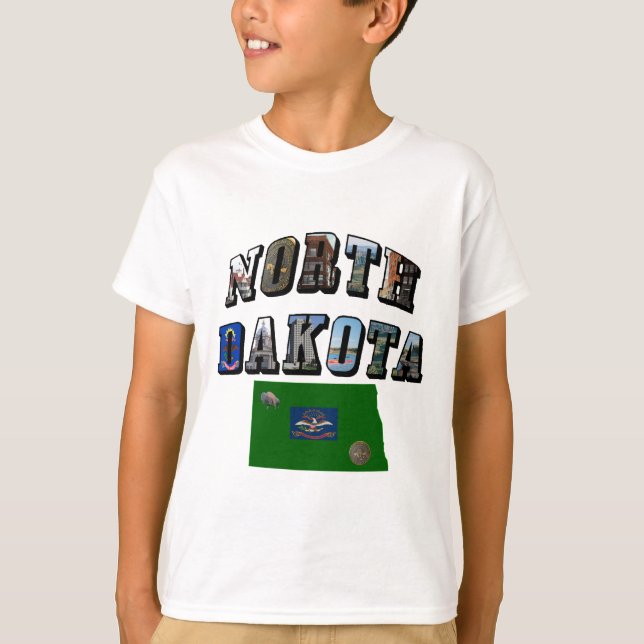 North Dakota Picture Text, Map, State Flag Kid's T-Shirt (Front)