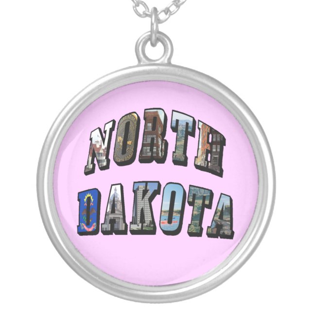 North Dakota Picture Text Silver Plated Necklace (Front)