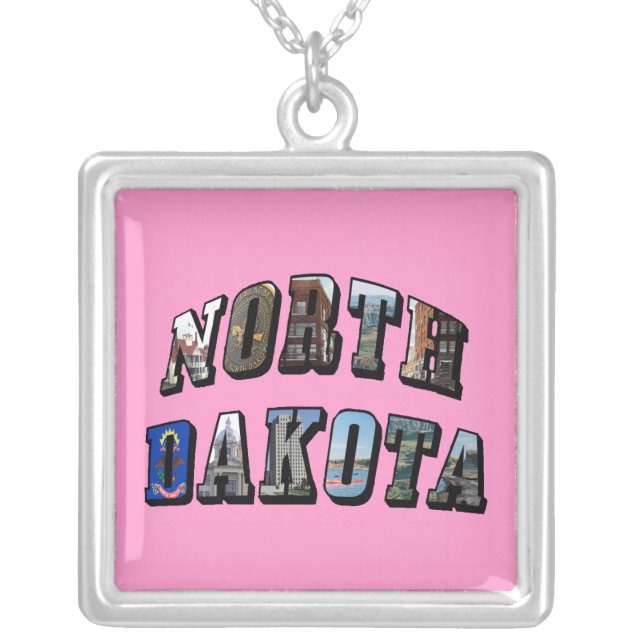 North Dakota Picture Text Silver Plated Necklace (Front)
