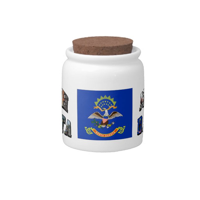 North Dakota Picture Text & State Flag Candy Jar (Front)