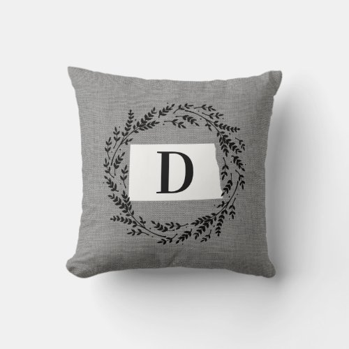 North Dakota Rustic Wreath Monogram Throw Pillow