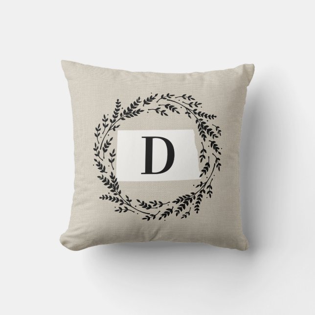 North Dakota Rustic Wreath Monogram Throw Pillow (Front)