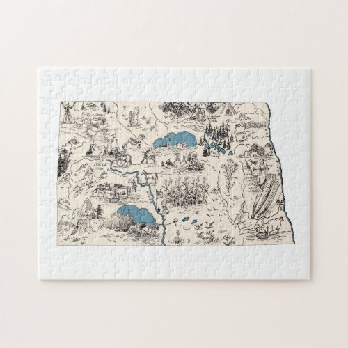 North Dakota Shaped Dakotan Vintage Picture Map Jigsaw Puzzle