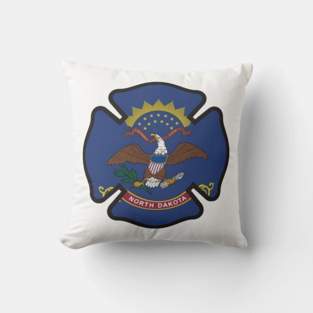 North Dakota State Flag Firefighter Throw Pillow (Front)