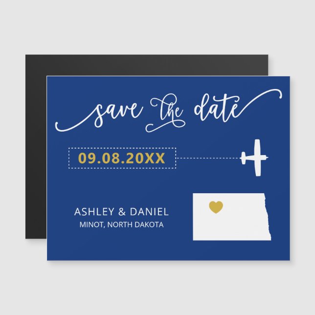 North Dakota Wedding Save the Date Card, Map Magnetic Invitation (Front/Back)