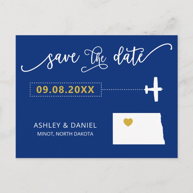 North Dakota Wedding Save the Date Map Postcard (Front)