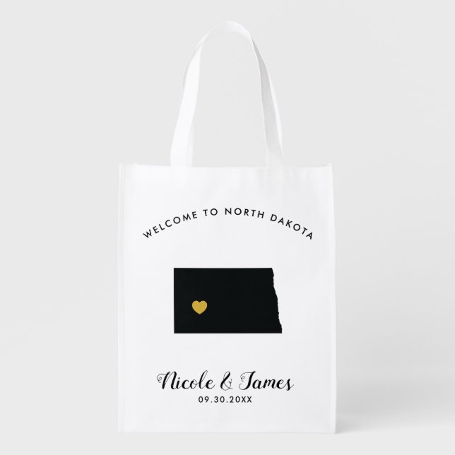 North Dakota Wedding Welcome Bag, Black and Gold Grocery Bag (Front)