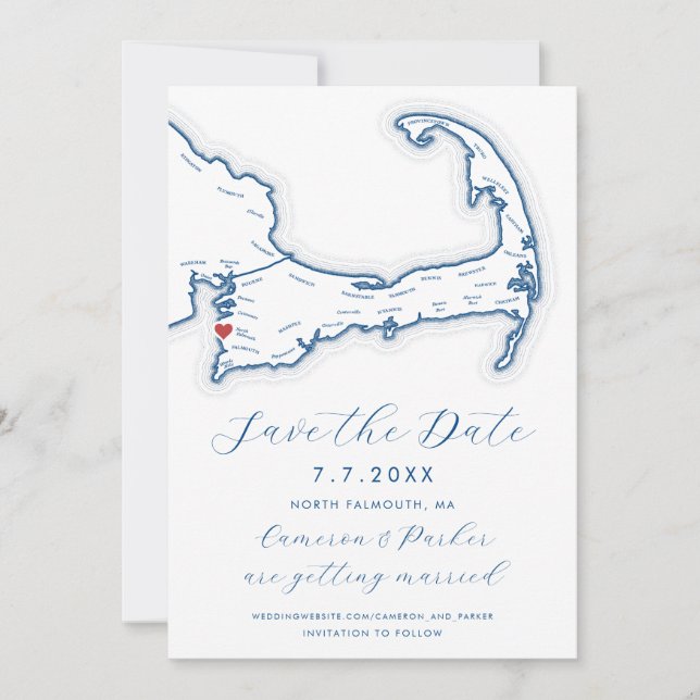 North Falmouth MA Cape Cod Map Navy Blue Wedding Save The Date (Front)