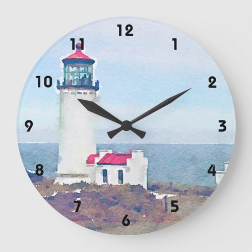 North Head Lighthouse Ilwaco WA Watercolor Print Large Clock