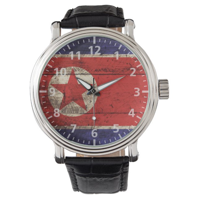 North Korea Flag on Old Wood Grain Watch (Front)