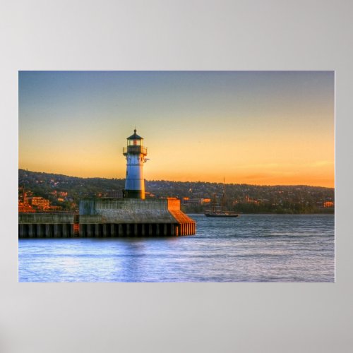 North Pier Lighthouse with Tall Ship Poster