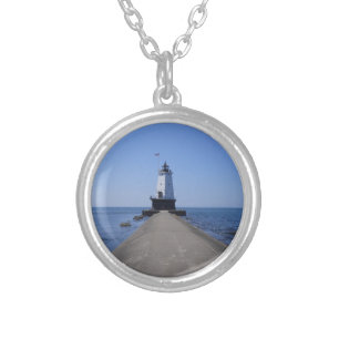 North Pierhead Lighthouse, Ludington MI Silver Plated Necklace