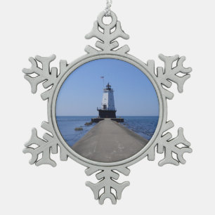 North Pierhead Lighthouse, Ludington, MI Snowflake Pewter Christmas Ornament