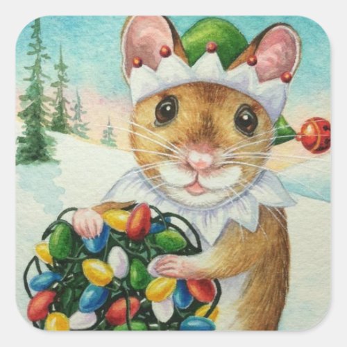 North Pole Christmas Elf Mouse Watercolor Art Square Sticker