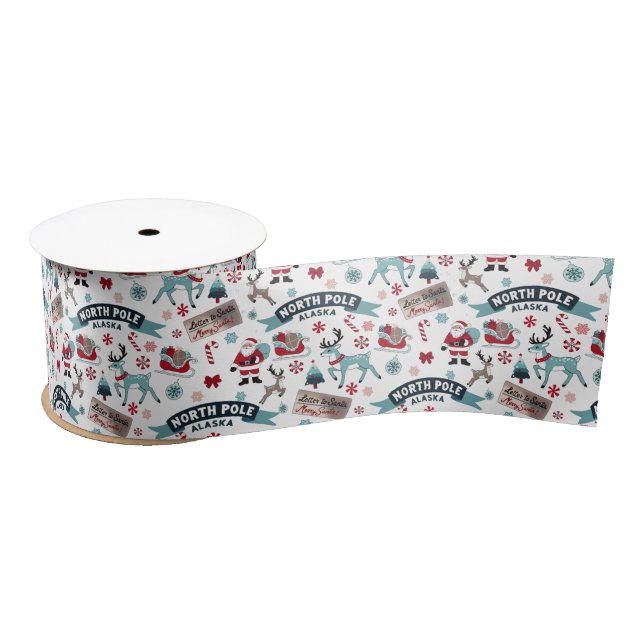 North Pole Christmas Pattern with Santa Satin Ribbon (Spool)