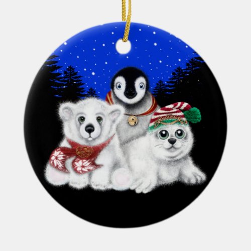 North Pole Christmas polar bear Penguin seal pup Ceramic Ornament