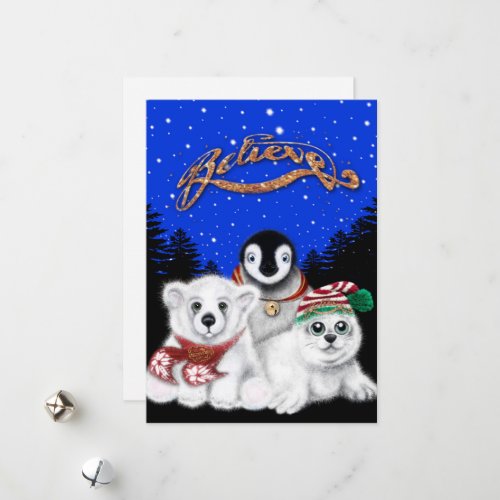 North Pole Christmas polar bear Penguin seal pup Holiday Card