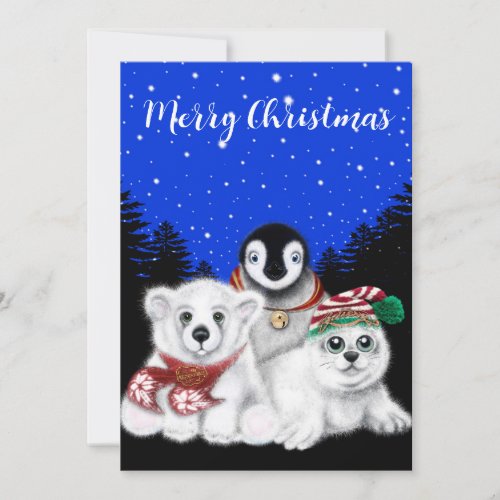 North Pole Christmas polar bear Penguin seal pup Holiday Card