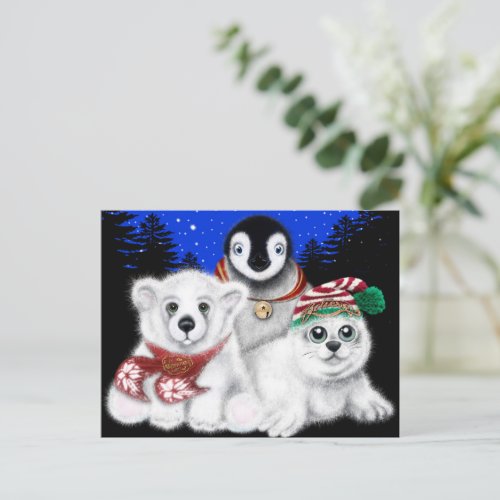 North Pole Christmas polar bear Penguin seal pup Postcard