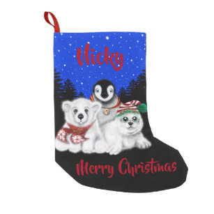 North Pole Christmas polar bear, Penguin, seal pup Small Christmas Stocking