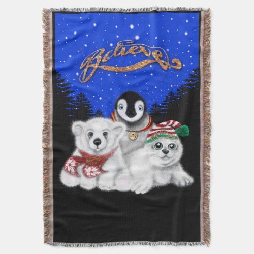 North Pole Christmas polar bear Penguin seal pup Throw Blanket