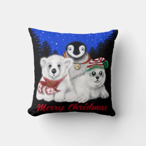 North Pole Christmas polar bear Penguin seal pup Throw Pillow