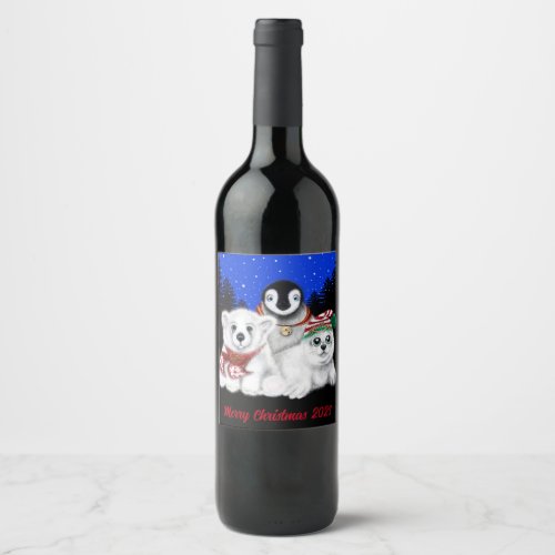 North Pole Christmas polar bear Penguin seal pup Wine Label
