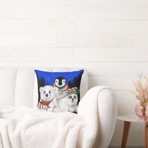 North Pole Christmas polar bear Penguin seal Throw Pillow