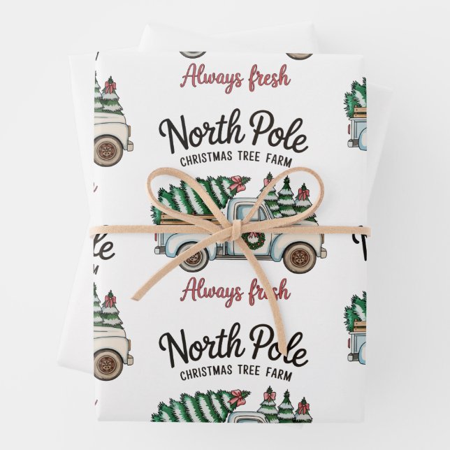 North Pole Christmas Tree Farm Always Fresh Truck Wrapping Paper Sheets (In situ)
