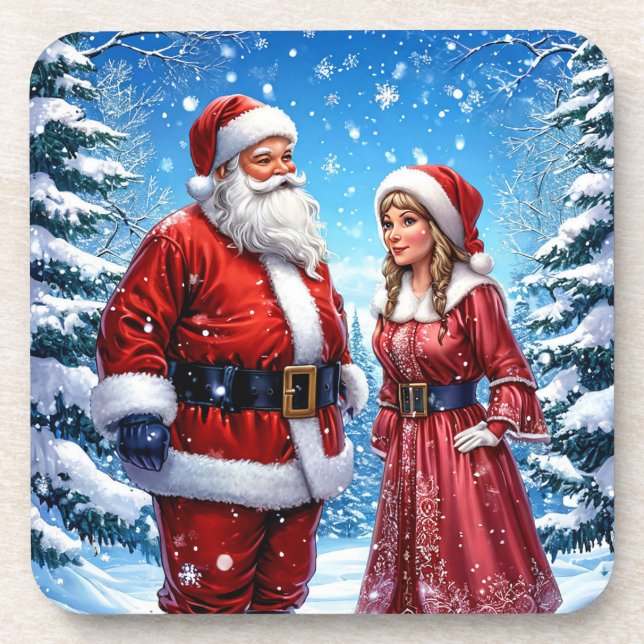 🎄 North Pole Couple Holiday Drink Accent Gift  Beverage Coaster (Front)
