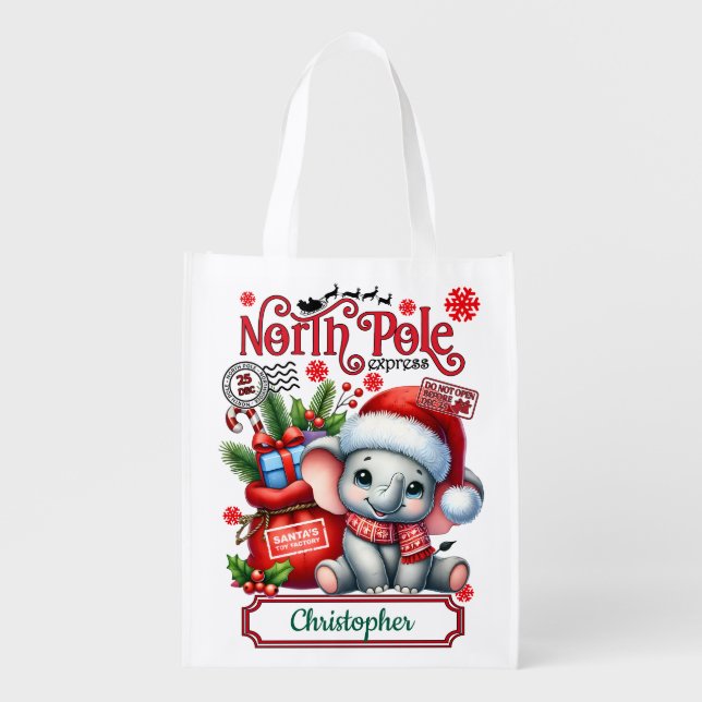 North Pole  Elephant Santa Reusable Gift Bag (Front)