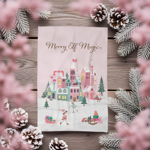 North Pole Elf Workshop Santa Claus Pink Village Kitchen Towel