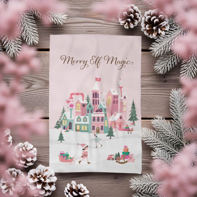 North Pole Elf Workshop Santa Claus Pink Village Kitchen Towel (North Pole Elf Workshop Santa Claus Pink Village Kitchen Towel)