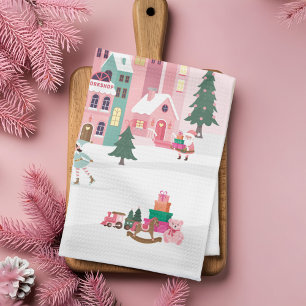 North Pole Elf Workshop Santa Claus Pink Village Kitchen Towel