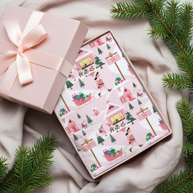 North Pole Elf Workshop Santa Claus Pink Village Tissue Paper (North Pole Elf Workshop Santa Claus Pink Village Tissue Paper)