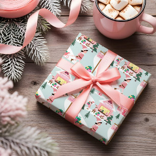 North Pole Elf Workshop Santa Claus Pink Village Wrapping Paper