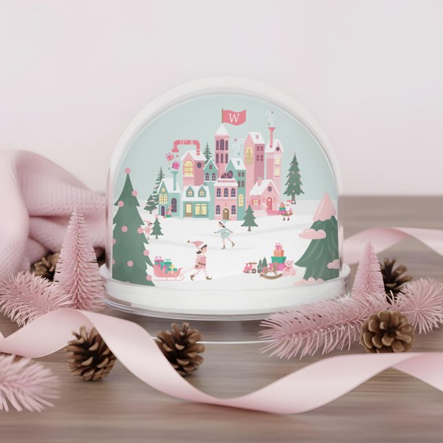North Pole Elf Workshop Santa Pink Village Photo Snow Globe (North Pole Elf Workshop Santa Pink Village Photo Snow Globes (Front))
