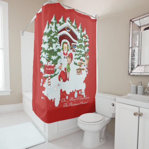 North Pole Elves Santa Claus and Wildlife Shower Curtain