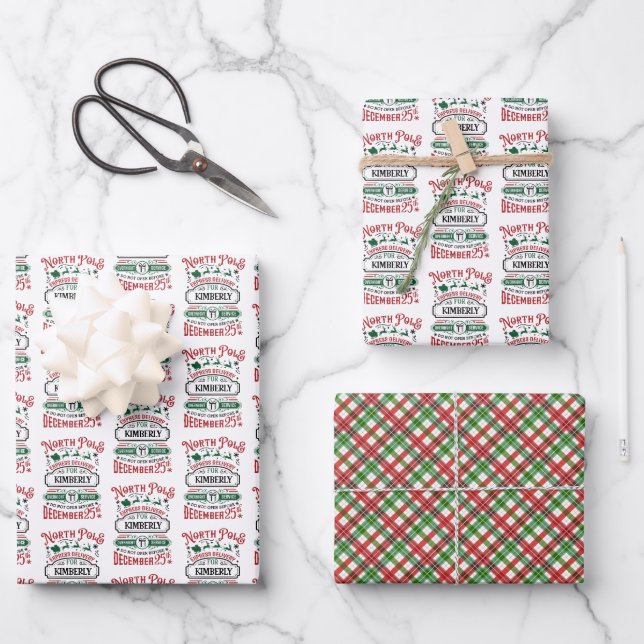 North Pole Express Delivery Personalized Christmas Wrapping Paper Sheets (Front)